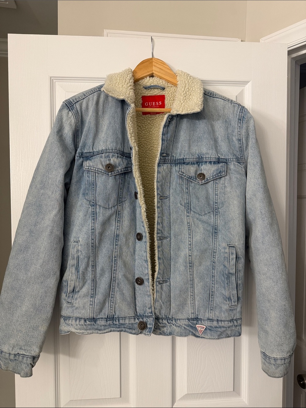 GUESS Light Blue Denim Sherpa Trucker Jacket with Cream Lining
